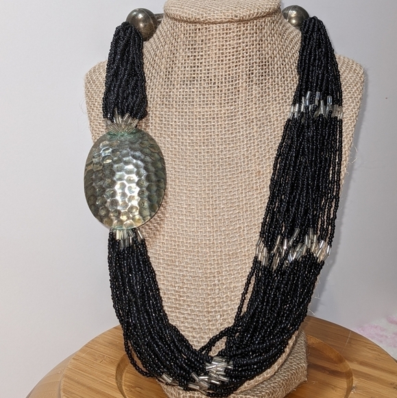 Vintage Layered Black Bead and Silver Statement Necklace - Picture 5 of 8